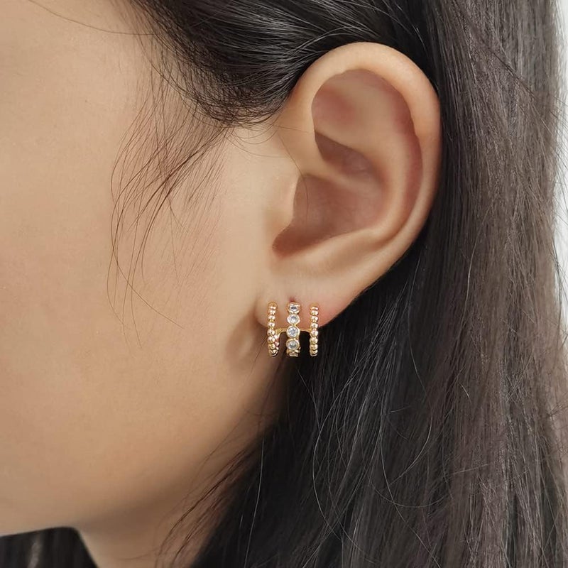 Obidos 14K Gold Plated Triple Huggie Illusion Stud Earrings | Double Huggie Hoop Earrings for One Hole | Gold Hoop Earrings for Women | Drop earrings - Image 4